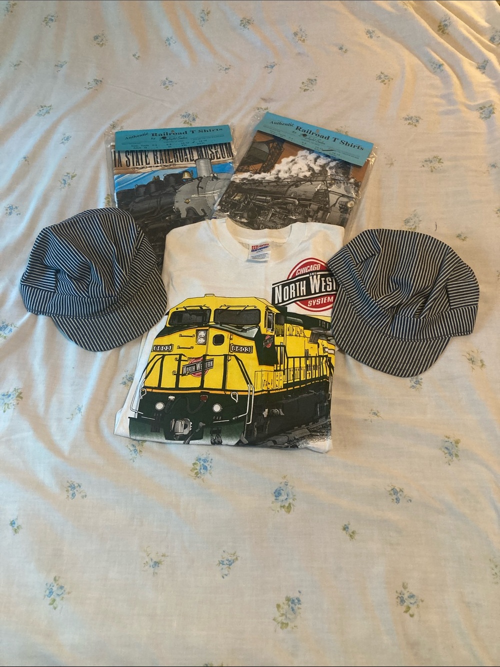 Locomotive Graphic Tees with Striped Engineer Caps